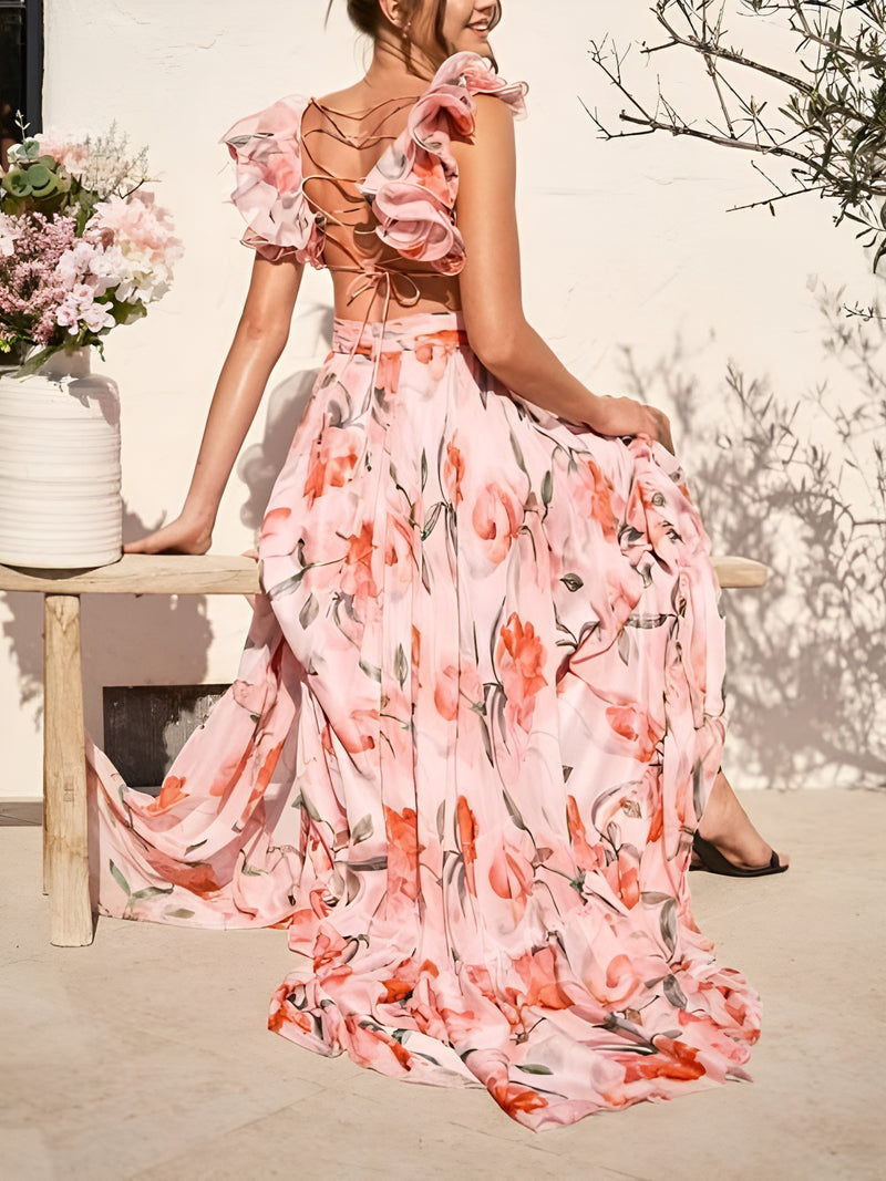 ALYSSA | ROBE LONGUE FLORALE À VOLANTS