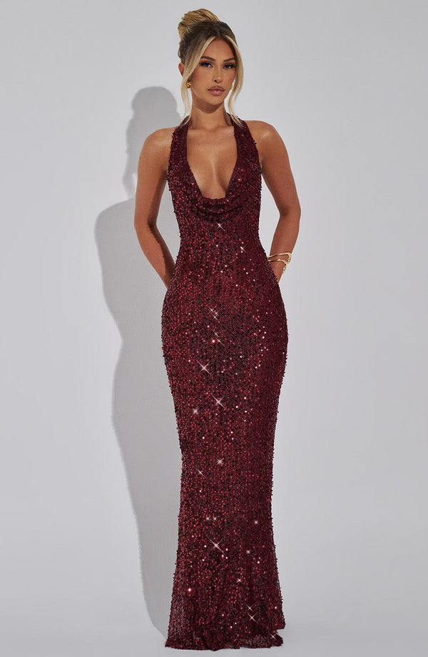 NINA | ROBE MAXI ÉTINCELANTE COL DRAPÉ