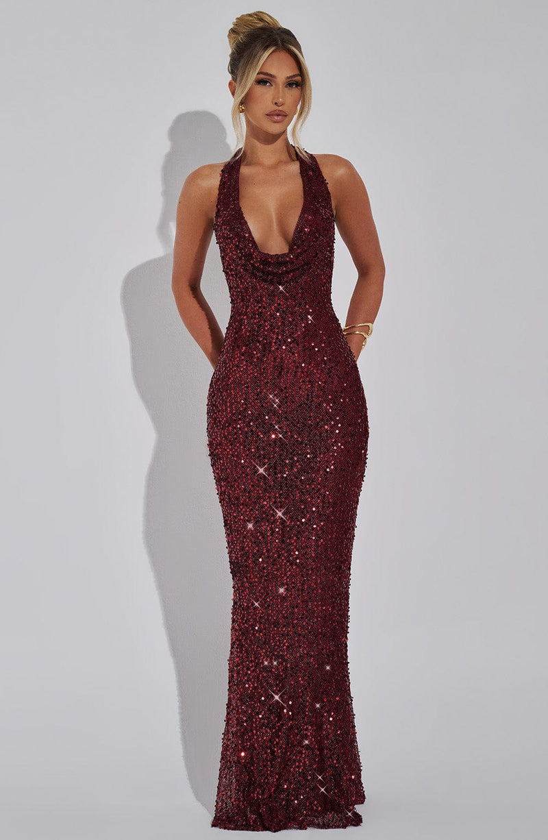NINA | ROBE MAXI ÉTINCELANTE COL DRAPÉ